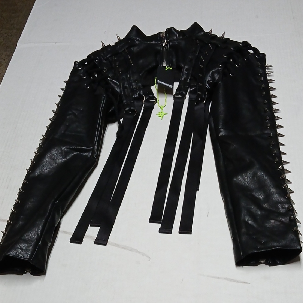 Dolls Kill Darker Wavs Downbeat Spiked Black Faux Leather Shrug Cropped Jacket